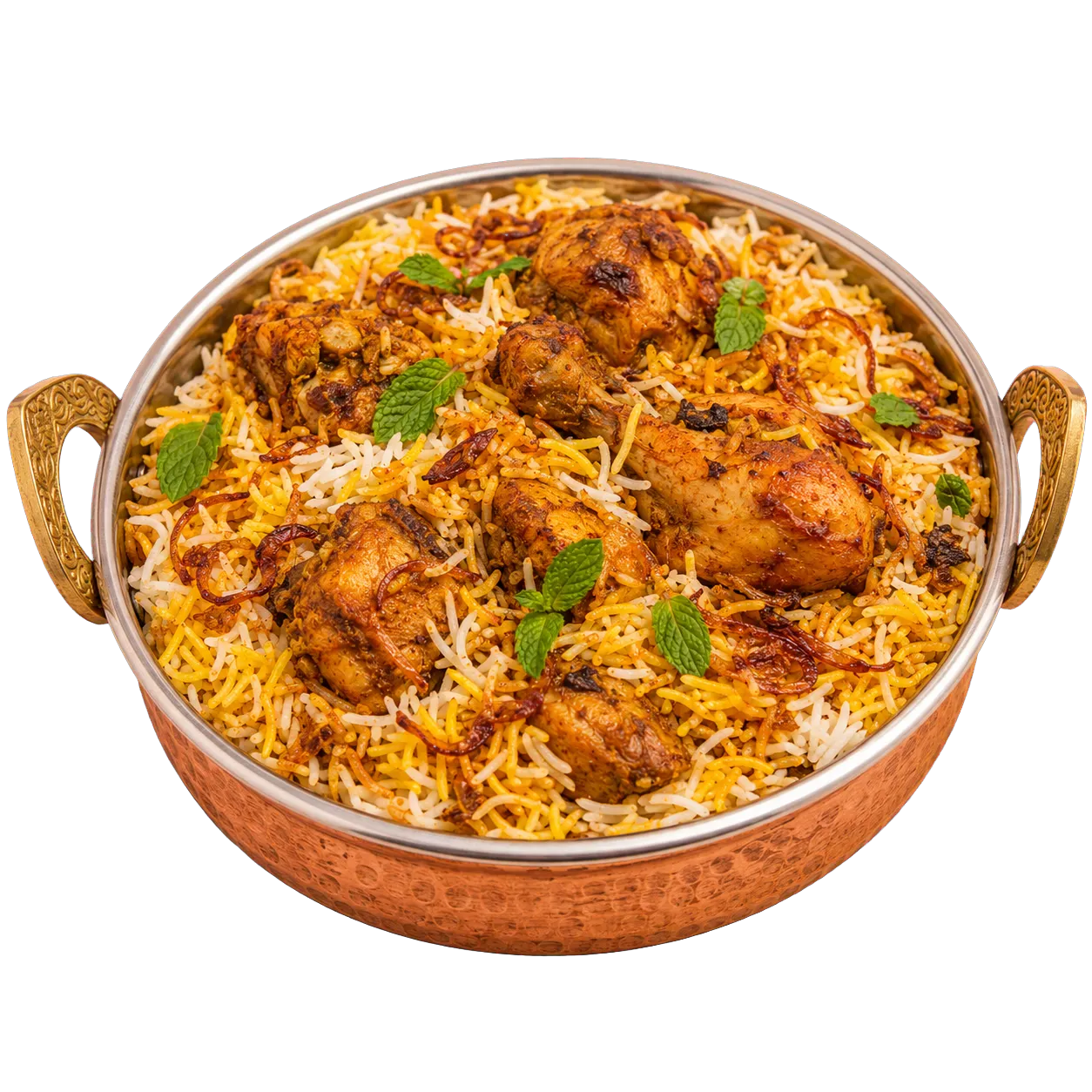 Chicken biryani served in a copper handi