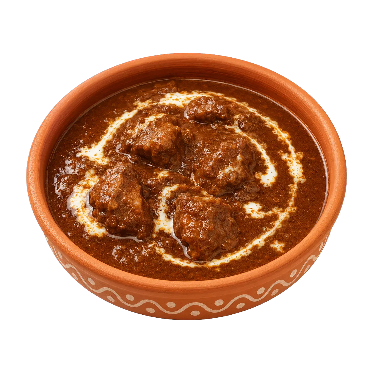 Rich Indian meat gravy in a terracotta bowl