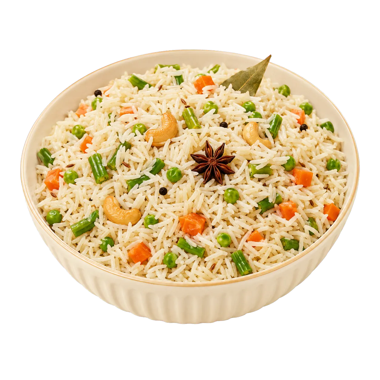 Vegetable basmati pulav in an ivory bowl
