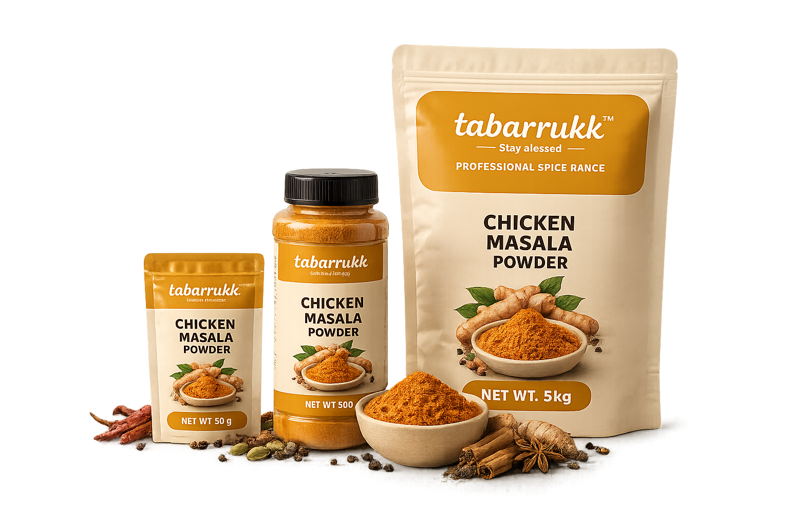 Chicken Masala Powder realistic Tabarrukk transparent packaging range