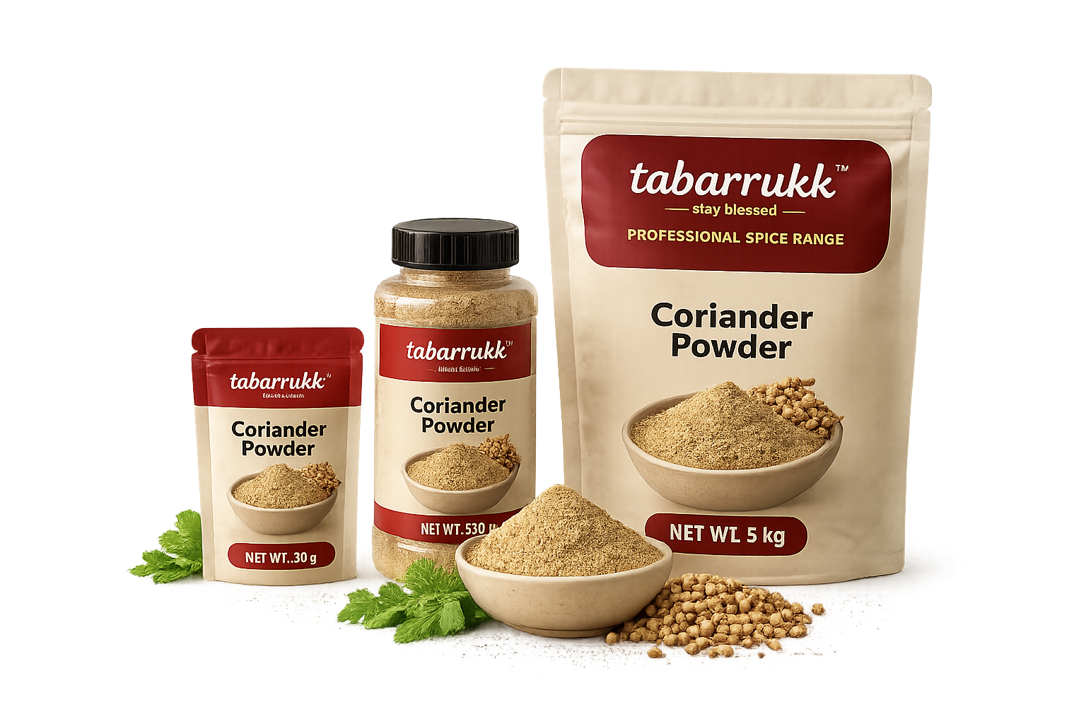 Coriander Powder realistic Tabarrukk transparent packaging range