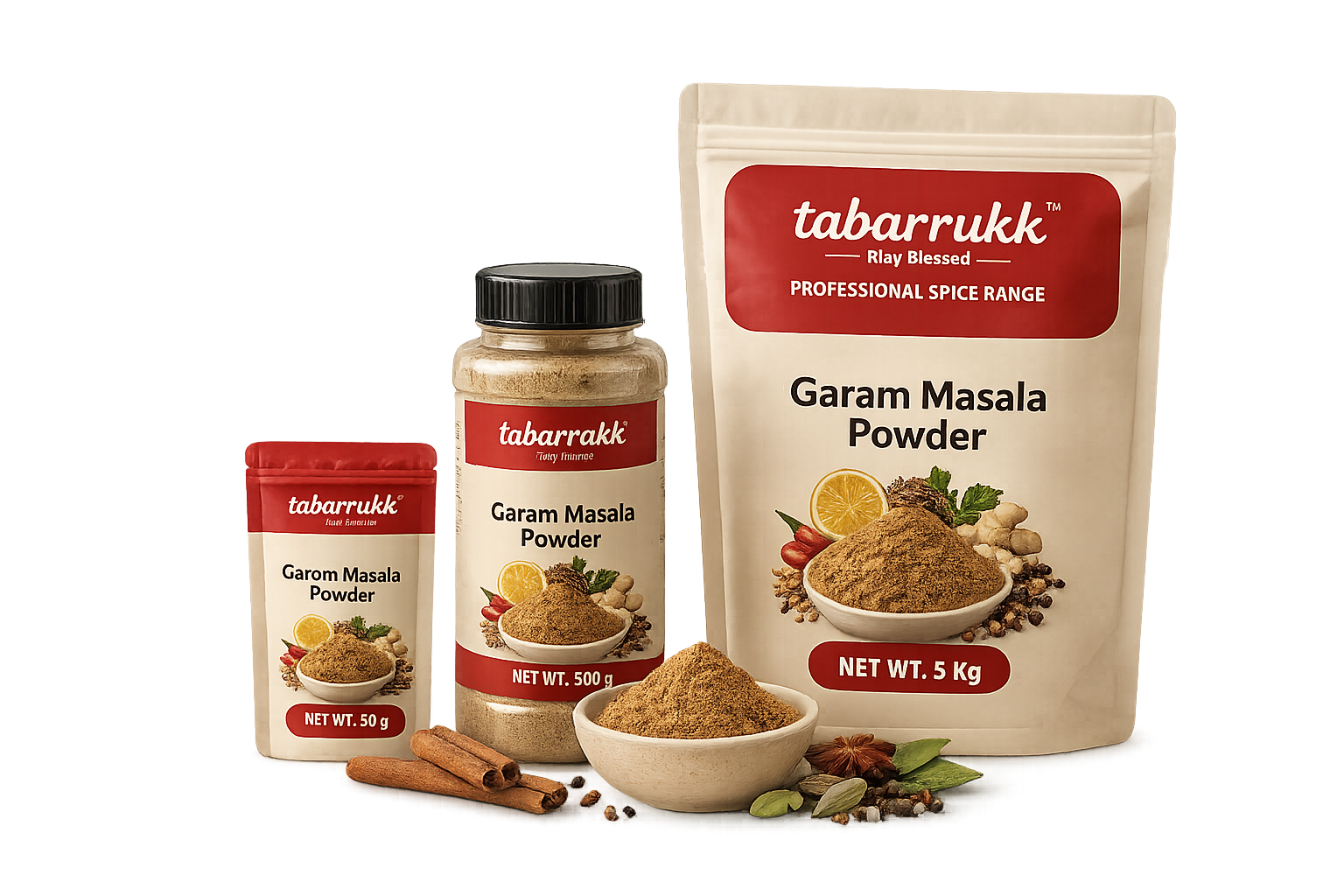 Garam Masala realistic Tabarrukk transparent packaging range