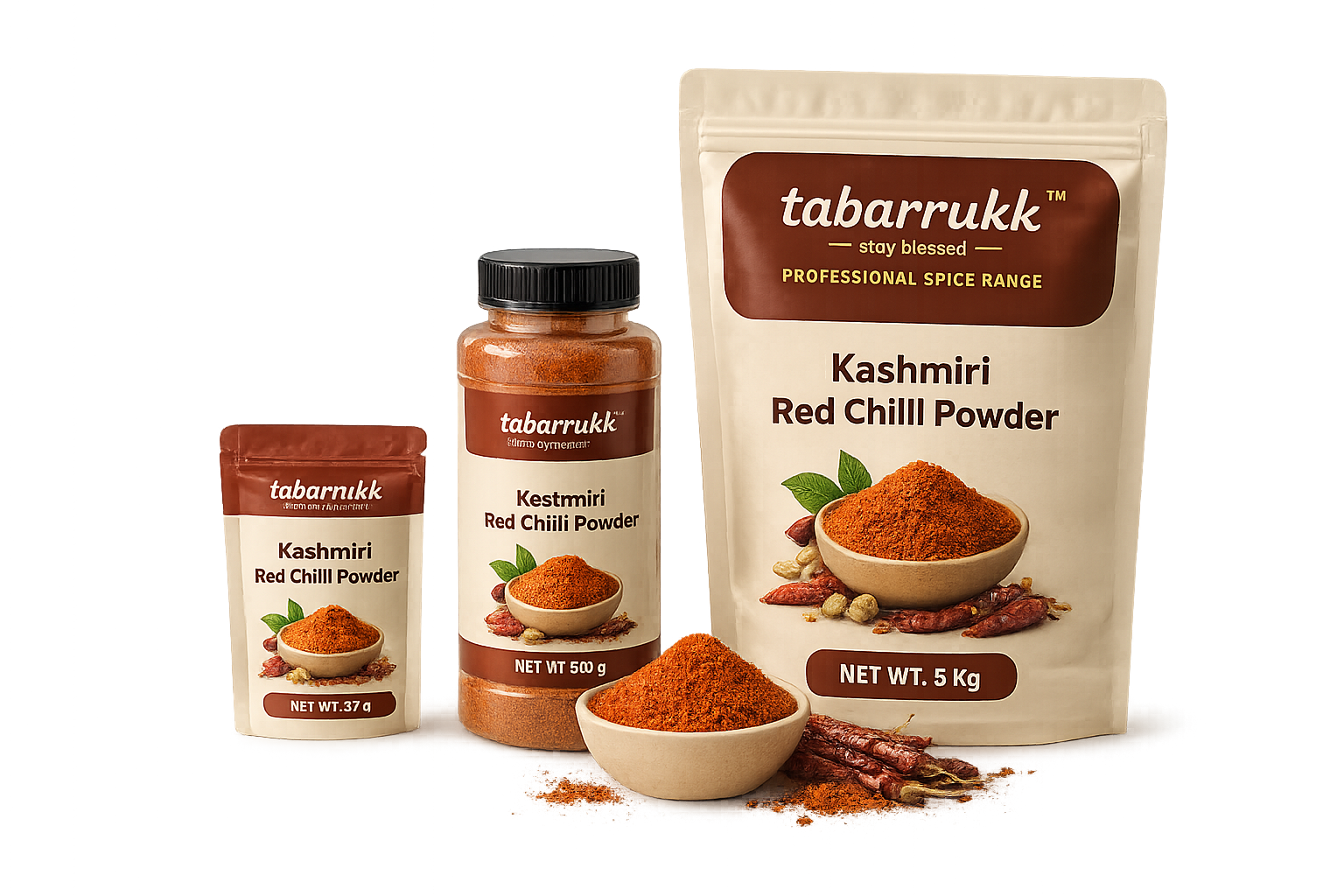 Kashmiri Red Chilli Powder realistic Tabarrukk transparent packaging range