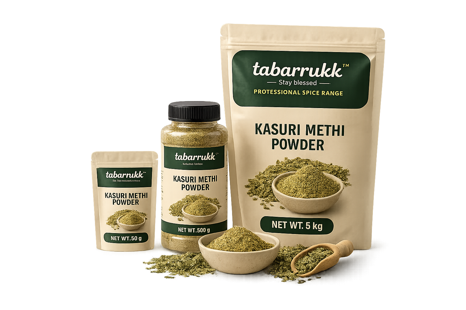 Kasuri Methi Powder realistic Tabarrukk transparent packaging range