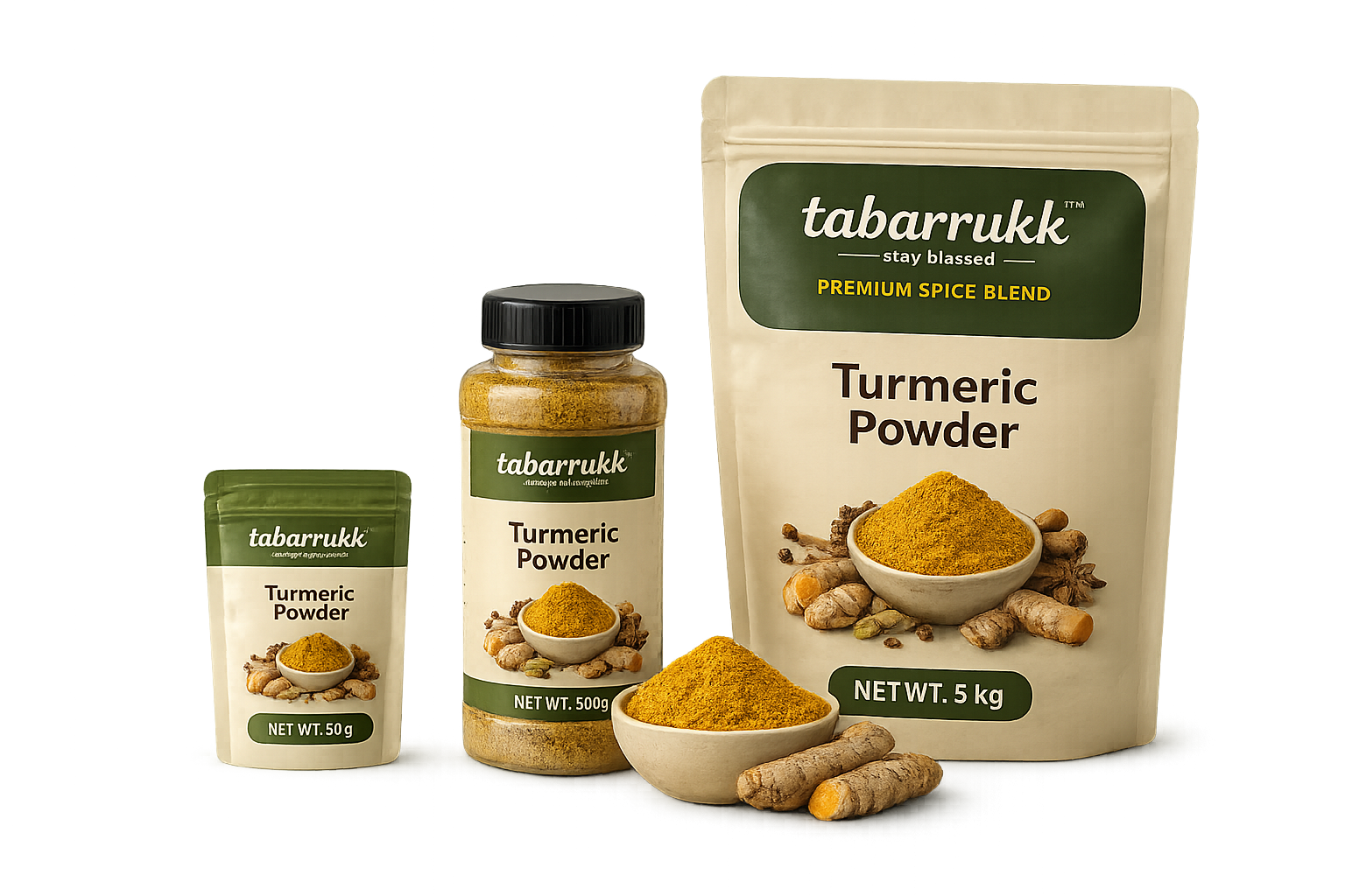 Turmeric Powder realistic Tabarrukk transparent packaging range